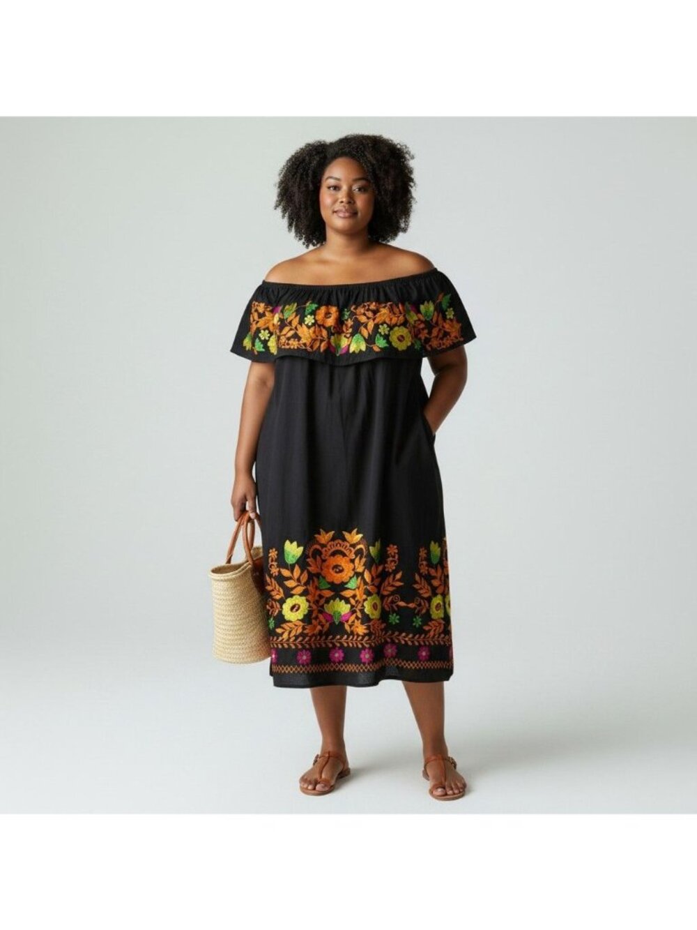 Shoreline 3XL Black Embroidered Dress Mexican Fiesta Boho Floral Off Shoulder Cr